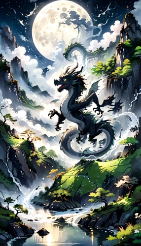 dragon of earth,black dragon,forest dragon,darigan,dragons,dragon,painted dragon,moondragon,howling wolf,kindred,qilin,lunar landscape,drache,inuyasha,okami,moonlit,dragonriders,moonlit night,constellation wolf,moonlight,Anime,Anime,Traditional