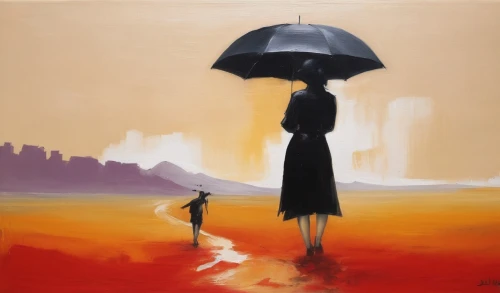 man with umbrella,little girl with umbrella,the sun and the rain,girl walking away,mary poppins,woman walking,walking in the rain,rainswept,brolly,rainfall,vettriano,overpainting,summer umbrella,parasols,pluie,art painting,golden rain,umbrellas,oil painting on canvas,woman silhouette,Illustration,Paper based,Paper Based 07