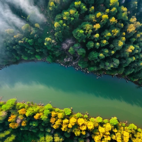 green trees with water,plitvice,volcanic lake,floating over lake,aerial landscape,forest lake,romania,meghalaya,sete cidades,xanthophylls,guizhou,ukraine,green forest,beautiful lake,mangroves,kravice,azores,shaoming,germany forest,bird's eye view,Illustration,Realistic Fantasy,Realistic Fantasy 30