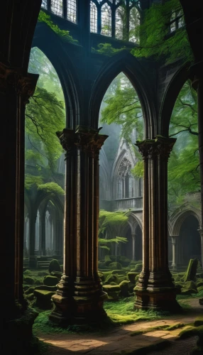 ruins,mausoleum ruins,hall of the fallen,moss landscape,cloisters,backgrounds,sanctuary,ruin,archways,rivendell,labyrinthian,the ruins of the,pillars,alfheim,cloistered,cloister,monastery,fantasy landscape,cartoon video game background,crypts,Art,Classical Oil Painting,Classical Oil Painting 19