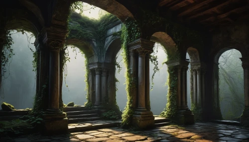 labyrinthian,hall of the fallen,cloister,ruins,cloisters,moss landscape,theed,cloistered,elven forest,ruin,mausoleum ruins,monastery,pillars,sanctuary,alcove,archways,sepulchres,rivendell,dandelion hall,crypts,Illustration,Paper based,Paper Based 05