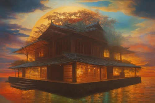 log home,floating huts,wooden house,house with lake,log cabin,houseboat,stilt house,summer cottage,fisherman's house,boathouse,floating island,houseboats,tropical house,summer house,boat house,house of the sea,house by the water,beachhouse,dreamhouse,wooden sauna,Conceptual Art,Fantasy,Fantasy 05