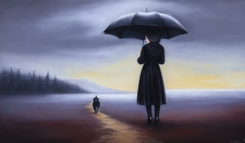 walking in the rain,girl with dog,man with umbrella,woman walking,girl walking away,siggeir,surrealism,surrealist,rainfall,rainswept,donsky,hossein,oil painting on canvas,hosseinpour,brolly,little girl with umbrella,pluie,girl in a long,heatherley,loneliness,Illustration,Abstract Fantasy,Abstract Fantasy 14