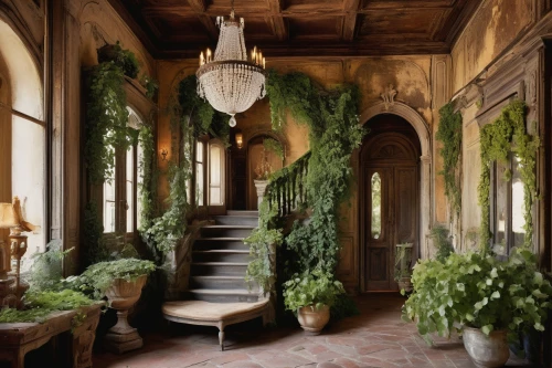 entryway,driehaus,foyer,highgrove,hallway,entryways,outside staircase,entrance hall,cochere,chateauesque,interior decor,orangery,staircase,hanging plants,houseplants,ritzau,dandelion hall,entranceway,cliveden,villa balbianello,Art,Artistic Painting,Artistic Painting 24