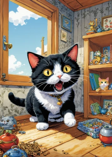 cartoon cat,alberty,cattery,cat cartoon,tea party cat,cat's cafe,cute cartoon image,cute cartoon character,waterson,children's background,pet shop,cat image,cartoon video game background,ravensburger,game illustration,funny cat,jiji the cat,jigsaw puzzle,moppet,domestic cat,Illustration,Japanese style,Japanese Style 05