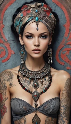tattoo girl,warrior woman,viveros,ancient egyptian girl,indian headdress,maori,headdress,adornments,oriental princess,chicana,tattooist,adornment,orientalist,nefertiti,tribal,ethnic design,oriental girl,inanna,voodoo woman,amazona,Conceptual Art,Fantasy,Fantasy 22