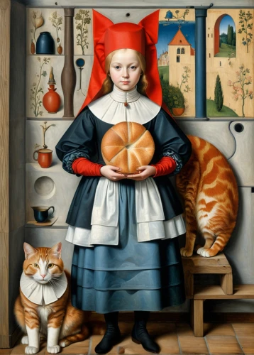 girl with bread-and-butter,girl in the kitchen,kisling,netherlandish,red tabby,rousseau,woman holding pie,ginger cat,petrina,catroux,reinagle,niffenegger,cat's cafe,peale,miniaturist,girl with cereal bowl,david bates,dossi,tea party cat,beinart,Art,Artistic Painting,Artistic Painting 45