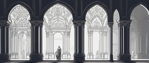 pillars,columns,neogothic,art deco background,cathedrals,cathedral,columned,sepulchres,haunted cathedral,hall of the fallen,archs,praetorium,background design,cloistered,gothic church,archbishopric,mihrab,sepulchre,archways,tirith,Illustration,Black and White,Black and White 04