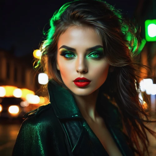neon makeup,green eyes,photo session at night,vampire woman,red lips,green light,green black,evgenia,petrova,olesya,vampire lady,red lipstick,green skin,emerald,green,verde,stoplight,ludivine,red eyes,greenlights,Conceptual Art,Fantasy,Fantasy 20