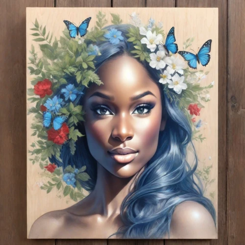 tretchikoff,oil painting on canvas,butterfly floral,blue hydrangea,blue leaf frame,fantasy portrait,flower painting,blue butterflies,toccara,gardenias,ulysses butterfly,custom portrait,art painting,oluchi,heatherley,dussel,floral frame,girl in a wreath,butterfly effect,oshun