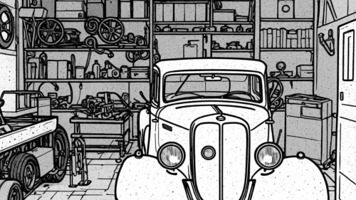 inking,inks,auto repair shop,garage,apothecary,storeroom,auto repair,garages,tinkering,roughs,illustration of a car,mono-line line art,jalopy,shopkeeper,garaged,detail shot,laboratory,the shop,tidiness,car repair,Design Sketch,Design Sketch,Rough Outline