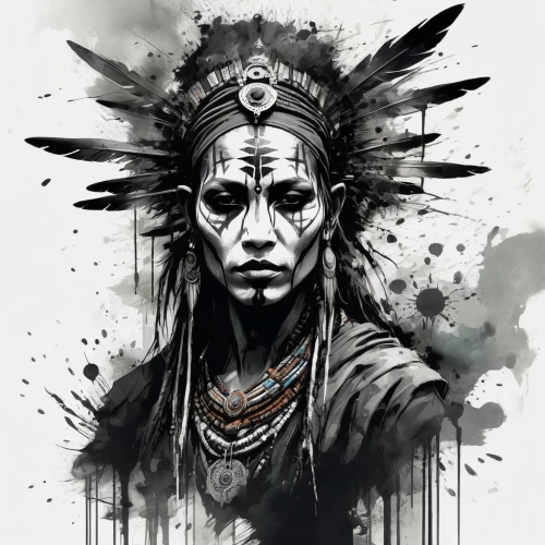 indian headdress,tusche indian ink,wodaabe,warrior woman,navaho,poundmaker,kalasha,headdress,kayapo,badu,aborigine,shamanic,amerindian,american indian,shaman,the american indian,shamanism,shamans,native american,sinixt,Illustration,Realistic Fantasy,Realistic Fantasy 02