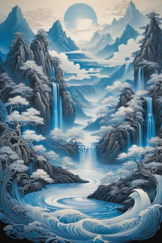 ice landscape,ice planet,fantasy landscape,icewind,water glace,icefalls,water flow,lunar landscape,water waves,water flowing,the great wave off kanagawa,flowing water,waterflow,cryosphere,glaciations,icefall,landscape background,water fall,glaciation,ice cave,Illustration,Black and White,Black and White 01