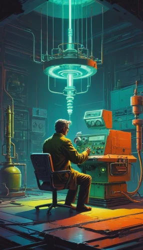 sci fiction illustration,watchmaker,cyberpunk,deckard,game illustration,cybertown,transistor,refinery,neuromancer,man with a computer,shopkeeper,cyberworld,bladerunner,laboratory,futurists,cyberscene,bioshock,shadowrun,mechanic,chemical laboratory,Conceptual Art,Sci-Fi,Sci-Fi 08