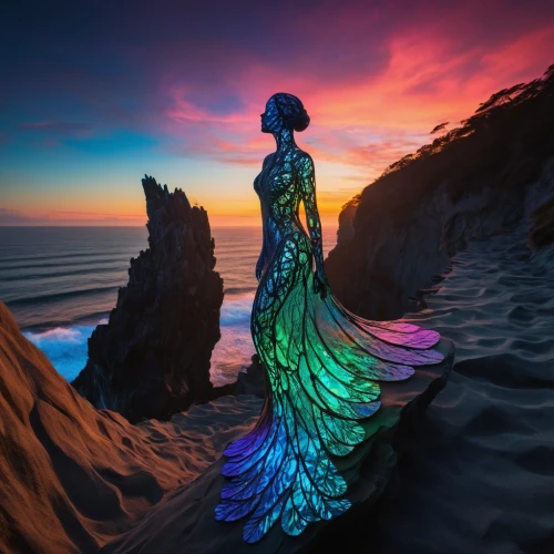 girl on the dune,bodypainting,mermaid silhouette,mermaid background,fathom,body painting,fantasy picture,fantasy art,girl in a long dress,amphitrite,neon body painting,dreamscapes,evening dress,bodypaint,mermaid scale,sirene,mermaid tail,enchantment,fairy peacock,splendid colors,Conceptual Art,Fantasy,Fantasy 02