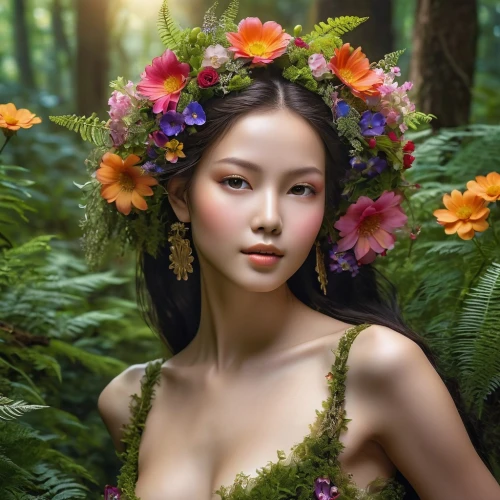 beautiful girl with flowers,faerie,flower fairy,forest flower,faery,elven flower,girl in flowers,splendor of flowers,vietnamese woman,wreath of flowers,fairie,dryad,oriental princess,diwata,blooming wreath,girl in a wreath,natural cosmetics,garden fairy,beauty in nature,exotic flower,Photography,General,Realistic