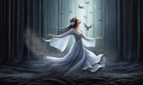 fantasy picture,faerie,the snow queen,fairy queen,melian,faery,ballerina in the woods,queen of the night,the enchantress,sylphs,fairie,fantasy art,fairy tale character,sorceress,blue enchantress,enchanted,white rose snow queen,fairy tale,patronus,enchantment,Illustration,Abstract Fantasy,Abstract Fantasy 14