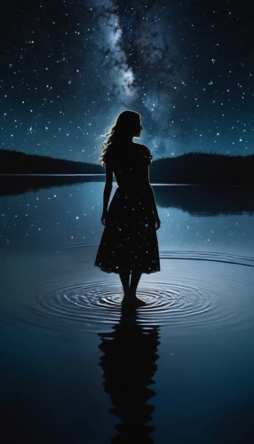 woman silhouette,girl on the river,night image,lubezki,mermaid silhouette,the night of kupala,dreamtime,moonlit night,sea night,reflection in water,photo manipulation,night star,melancholia,the night sky,night stars,adrift,immersed,starfield,nightsky,dreamer,Conceptual Art,Oil color,Oil Color 05