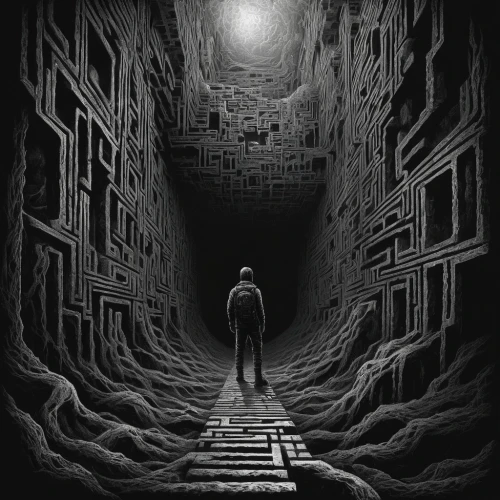 undermountain,mazes,sewer,dungeon,labyrinths,maze,undercity,catacombs,passageway,subterranean,catacomb,labyrinthine,sewers,sci fiction illustration,hollow way,passageways,passage,claustrophobia,descent,confinement,Illustration,Paper based,Paper Based 04