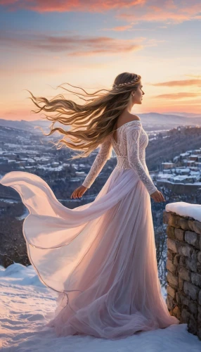 celtic woman,little girl in wind,gracefulness,windswept,girl in a long dress,white winter dress,fantasy picture,windblown,the snow queen,enchantment,wintersun,eurythmy,forwardly,mountain spirit,whirling,mystical portrait of a girl,dreamscapes,landscape background,photo manipulation,windows wallpaper,Photography,General,Natural