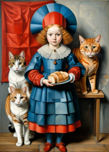 red tabby,tea party cat,girl with bread-and-butter,rousseau,girl in the kitchen,georgatos,cat family,woman holding pie,netherlandish,vintage cats,cat's cafe,delatour,girl with cereal bowl,catroux,caterer,allegory,findus,peale,knippa,cat pageant,Art,Artistic Painting,Artistic Painting 45