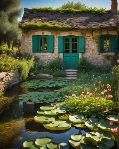 lily pond,garden pond,house with lake,summer cottage,lilly pond,giverny,pond flower,lotus on pond,lily pad,lotus pond,country cottage,cottage garden,water lilies,lily pads,waterlilies,cottage,pond plants,home landscape,fisherman's house,pond,Art,Artistic Painting,Artistic Painting 20
