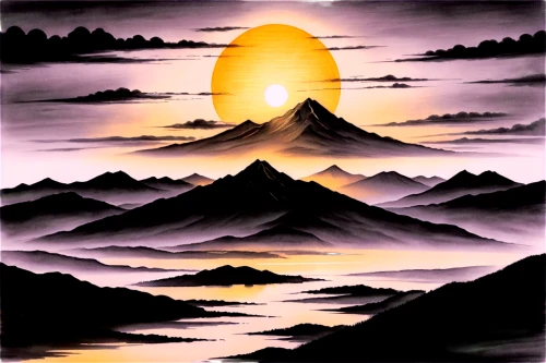 mountain sunrise,fuji,dusk background,volcanic landscape,fuji mountain,volcanic,mountain,rising sun,mount fuji,mountain landscape,mountains,krafla volcano,mountain scene,fire mountain,japanese mountains,volcanoes,sakurajima,errigal,mountain world,cloud mountain,Illustration,Black and White,Black and White 30