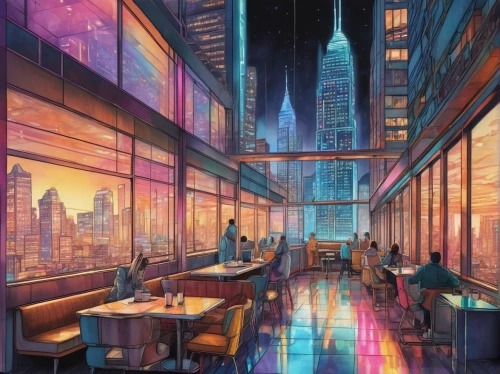 retro diner,diner,new york restaurant,a restaurant,cybercity,cityscape,fantasy city,eatery,futuristic landscape,restaurants,drive in restaurant,harbour city,colorful city,sky city,urbanworld,coruscant,dining,neon cocktails,cybertown,tokyo city,Conceptual Art,Daily,Daily 17
