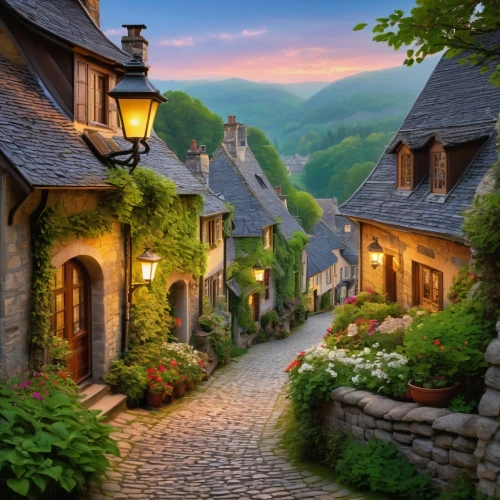 mountain village,cottages,alpine village,stone houses,medieval street,mountain settlement,wooden houses,row of houses,knight village,home landscape,aurora village,beautiful landscape,medieval town,houses clipart,boardinghouses,the cobbled streets,shire,houses silhouette,escher village,villages,Art,Classical Oil Painting,Classical Oil Painting 17