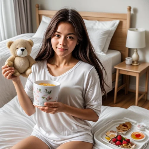 breakfast in bed,girl in bed,girl with cereal bowl,cuppa,pyjama,cute bear,japanese tea,pagi,breakfast hotel,woman on bed,tea zen,bed,holding cup,cute koala,pyjamas,sotnikova,medvedeva,bedside,valentyna,jiaqi