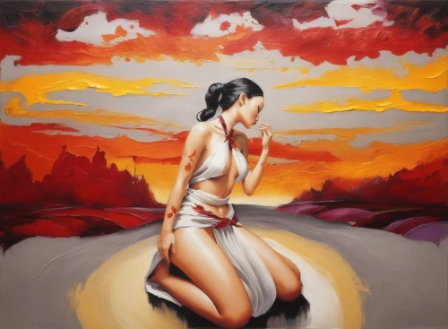 flamenca,danxia,elektra,art painting,painting technique,oil painting on canvas,girl on the dune,mulan,asian woman,flamenco,oil painting,amaterasu,woman walking,girl walking away,bodypainting,girl on the river,pintura,pittura,khokhloma painting,oil on canvas,Illustration,Paper based,Paper Based 07