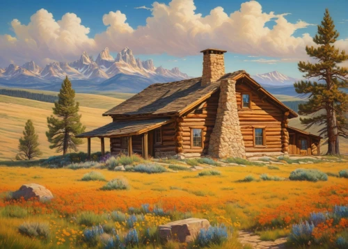 home landscape,salt meadow landscape,log cabin,house in mountains,the cabin in the mountains,house in the mountains,meadow landscape,alpine landscape,country cottage,summer cottage,landscape background,mountain scene,mountain meadow,mountain landscape,rural landscape,log home,homesteader,mountain settlement,small cabin,cottage,Illustration,Retro,Retro 19