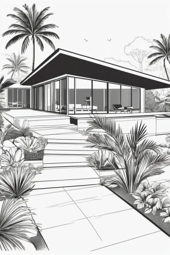 sketchup,revit,neutra,mid century house,3d rendering,carports,renderings,bungalows,eichler,house drawing,landscape design sydney,landscaped,houses clipart,xeriscaping,residencial,landscape designers sydney,pool house,coreldraw,carport,tropical house,Illustration,Black and White,Black and White 04