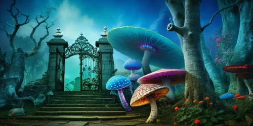 fantasy picture,mushroom landscape,world digital painting,blue mushroom,tentorium,fantasy art,unkei,odditorium,fantasy animal,zora,gradimir,varekai,fallen acorn,mermaid background,digital painting,3d fantasy,artabazus,fairy peacock,fantasia,fantasy landscape,Photography,General,Fantasy