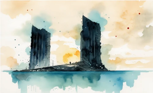 monoliths,towers,skyscrapers,highrises,high rises,barad,tall buildings,urban towers,skyscraping,arcology,ctbuh,orthanc,watercolor sketch,city scape,city in flames,city skyline,silos,watercolors,harbor,supertall,Illustration,Paper based,Paper Based 07
