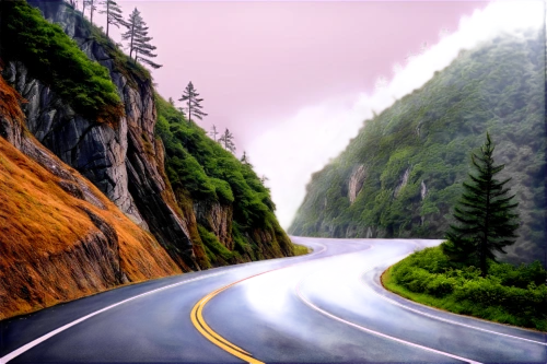 mountain highway,mountain road,mountain pass,winding roads,winding road,steep mountain pass,malahat,alpine drive,long road,cartoon video game background,open road,alpine route,coastal road,road,roads,raincoast,highway,world digital painting,the road,forest road,Conceptual Art,Fantasy,Fantasy 16