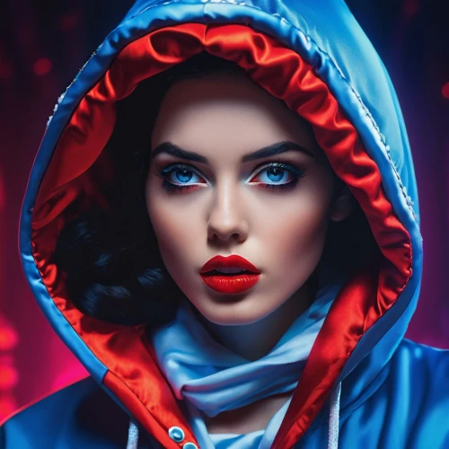 red coat,red riding hood,little red riding hood,redcoat,evgenia,retouching,red and blue,photoshop manipulation,serebro,red lips,red cape,red blue wallpaper,portrait background,elitsa,red background,on a red background,hooded,vampire woman,neon makeup,femme fatale,Photography,General,Realistic