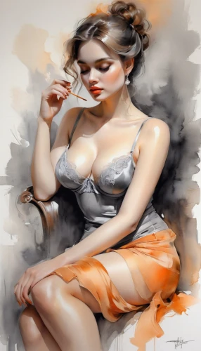 retro pin up girl,watercolor pin up,pin-up girl,pin up girl,smoking girl,retro pin up girls,pin ups,vanderhorst,painted lady,pin-up girls,donsky,pin-up model,etty,orange scent,cigarette girl,domergue,pin up girls,woman sitting,girl in cloth,girl smoke cigarette,Illustration,Paper based,Paper Based 11