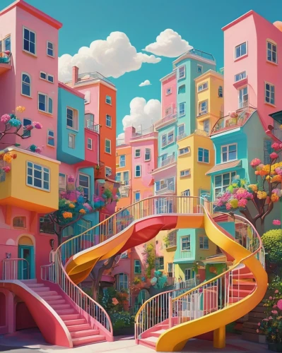 colorful city,candyland,fantasy city,lazytown,toontown,seaside resort,escher village,bahamonde,apartment complex,dreamsville,imaginationland,escaleras,aurora village,colorama,sky apartment,microdistrict,3d fantasy,popeye village,world digital painting,cartoon video game background,Illustration,Realistic Fantasy,Realistic Fantasy 05