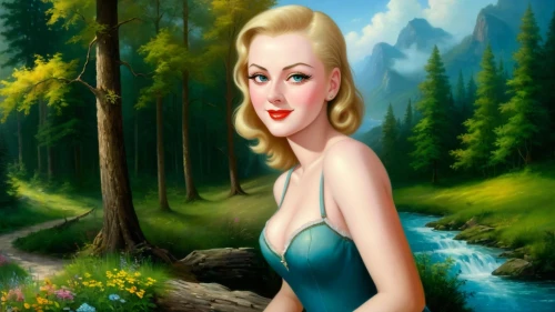 the blonde in the river,pin-up girl,retro pin up girl,mamie van doren,marilyn monroe,marylyn monroe - female,girl on the river,pin-up model,connie stevens - female,pinu,pin up girl,forest background,pin ups,retro pin up girls,landscape background,radebaugh,pin-up girls,maureen o'hara - female,blonde woman,retro woman