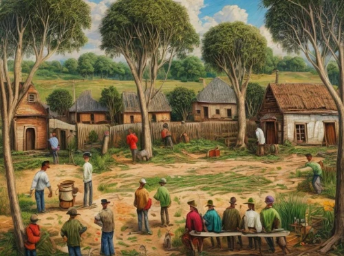 grant wood,klarwein,village scene,village life,woodcutters,homesteaders,agricultural scene,mostovoy,folk village,townsmen,pickers,longhouses,sharecroppers,settlers,villagers,farm workers,township,wheelwrights,nativity village,gleaners,Common,Common,Natural