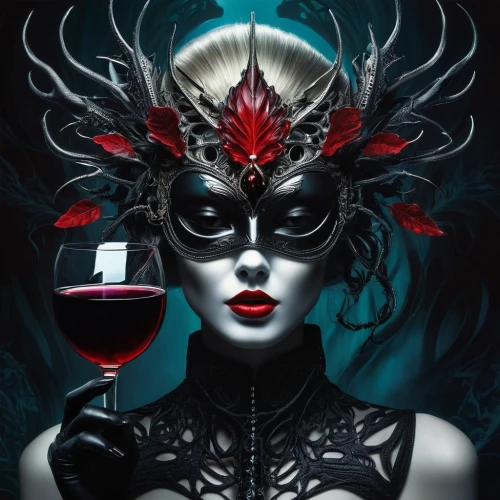 red wine,redwine,masquerade,demoness,sommelier,sanguine,chalice,oenophile,wild wine,countess,wined,wine diamond,queen of hearts,winemaker,vintner,villainess,masquerading,venetian mask,wineglass,a glass of wine,Conceptual Art,Sci-Fi,Sci-Fi 02
