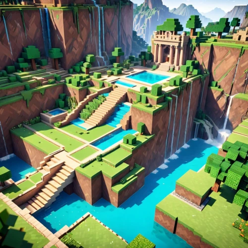 ravine,skylands,voxel,ravines,voxels,ancient city,floating islands,building valley,shaders,platforming,tileable,city moat,green waterfall,mountain world,peter-pavel's fortress,green valley,tei,adventure bridge,water falls,castle ruins,Anime,Anime,General