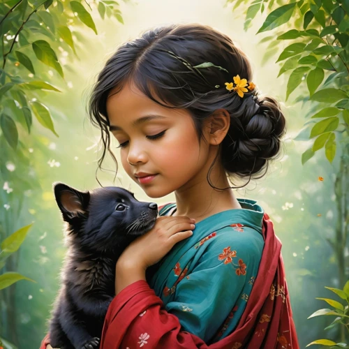 tenderness,girl with dog,little boy and girl,love for animals,indian girl boy,mystical portrait of a girl,innocence,gentleness,girl and boy outdoor,young girl,anoushka,indian girl,indienne,tendre,romantic portrait,vintage boy and girl,dossi,little girl and mother,gekas,little girls,Illustration,Paper based,Paper Based 07