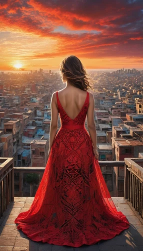 man in red dress,girl in red dress,red gown,lady in red,red dress,girl in a long dress,girl in a long dress from the back,flamenca,in red dress,red cape,on the roof,a girl in a dress,red tunic,red tablecloth,rooftops,red sky,morocco,flamenco,above the city,rooftop,Photography,General,Natural