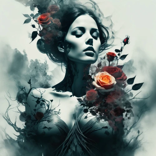 persephone,unseelie,seelie,fantasy art,wilted,photo manipulation,faery,photomanipulation,flower of passion,mystical portrait of a girl,viveros,lilith,bacchante,the enchantress,hecate,flora,black rose,scent of roses,dryad,passion bloom,Conceptual Art,Fantasy,Fantasy 02