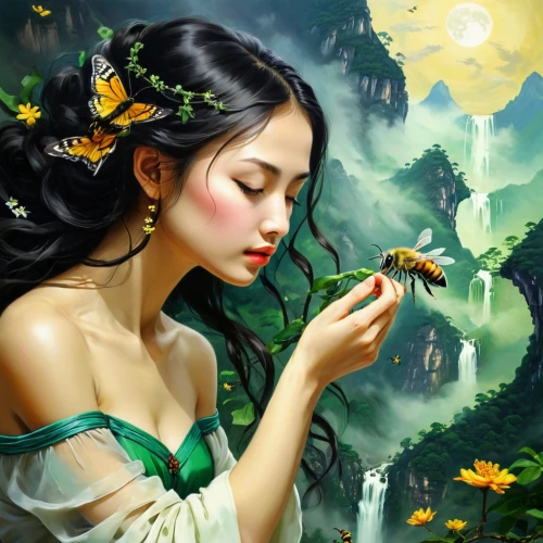 faerie,faery,yellow butterfly,fantasy art,fantasy picture,fairie,diwata,butterfly background,flower fairy,pollinating,girl in flowers,girl picking flowers,pollination,butterflies,pollinate,fireflies,fairy,fairy queen,isolated butterfly,perfuming,Illustration,Realistic Fantasy,Realistic Fantasy 30
