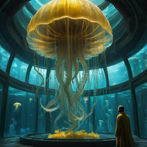 lion's mane jellyfish,jellyfish,under sea,aquarium,undersea,apiarium,hastur,oceanarium,cauliflower jellyfish,hastula,submersible,diving bell,cnidaria,medusahead,bathysphere,medusae,hydroid,subkingdom,seaquarium,jellyfishes,Conceptual Art,Sci-Fi,Sci-Fi 01