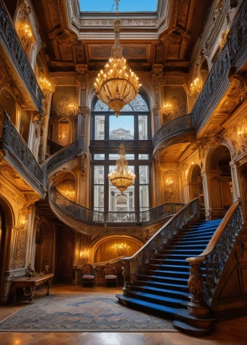 crown palace,royal interior,staircase,rudolfinum,peles castle,entrance hall,ornate room,palatial,outside staircase,driehaus,europe palace,grandeur,palladianism,opulently,chateauesque,ritzau,staircases,emirates palace hotel,foyer,cochere,Art,Classical Oil Painting,Classical Oil Painting 29
