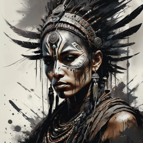 warrior woman,indian headdress,kalasha,maori,shaman,shamanic,headdress,tribesman,shamans,siberut,amerindian,shamanism,female warrior,witchdoctor,aborigine,apocalypto,american indian,winnetou,hiawatha,the american indian,Illustration,Realistic Fantasy,Realistic Fantasy 27